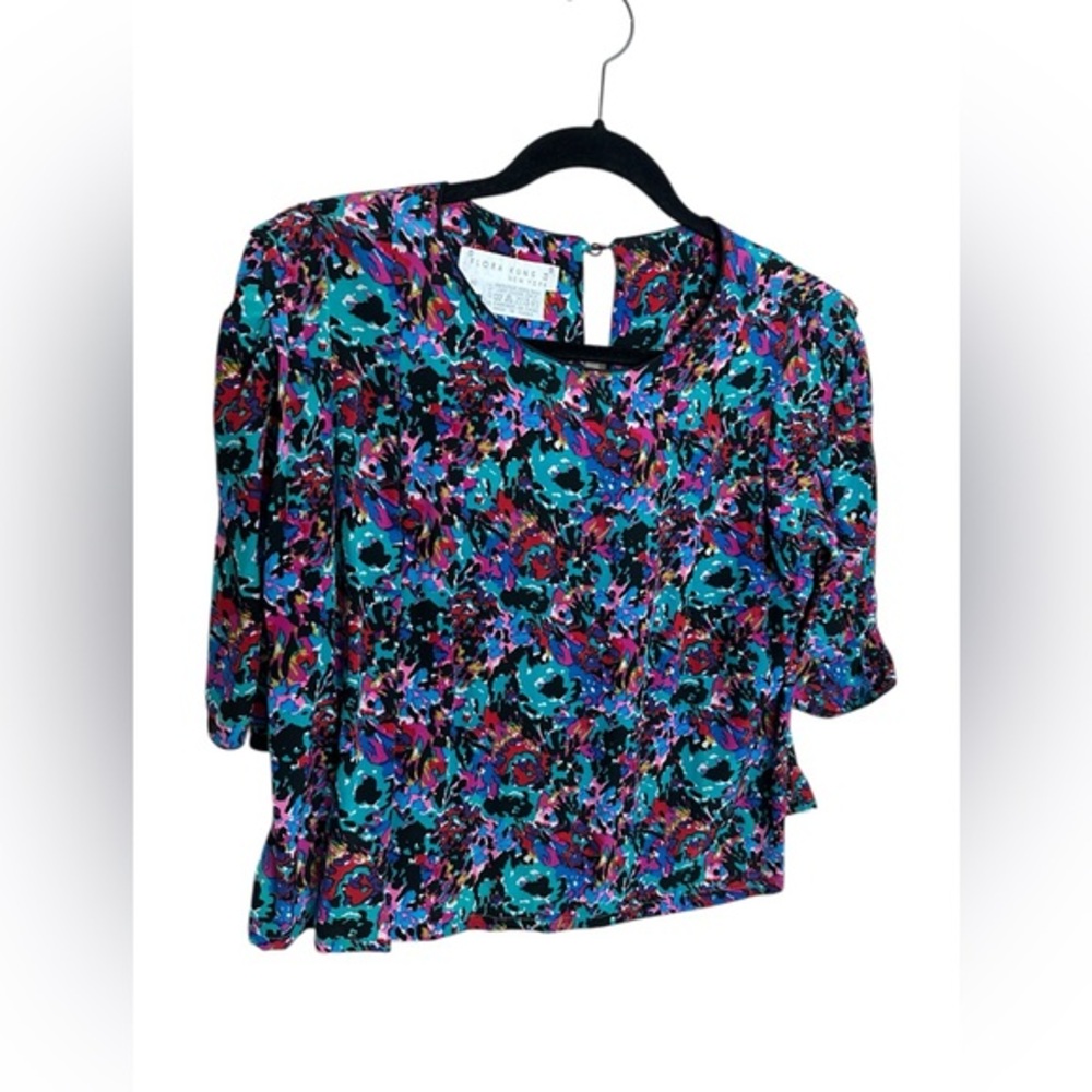 Vintage Flora Kung 100% Silk Printed Cap Sleeve Blouse Multicolor Size 10